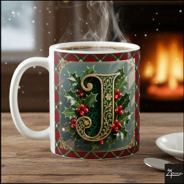 Elegant Gold Holly Christmas Initial Letter J Kaffemugg