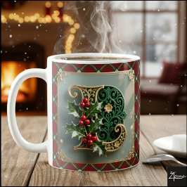 Elegant Gold Holly Christmas Initial Letter L Kaffemugg