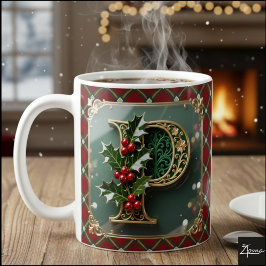 Elegant Gold Holly Christmas Initial Letter P Kaffemugg