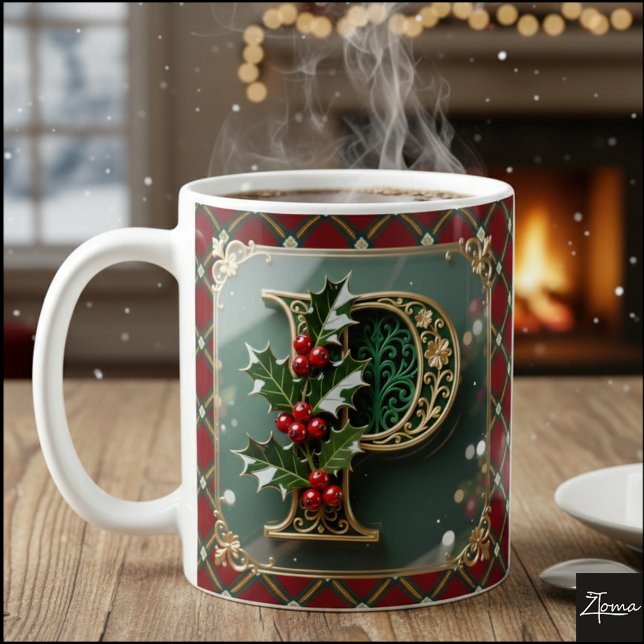Elegant Gold Holly Christmas Initial Letter P Kaffemugg (Skapare uppladdad)