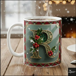 Elegant Gold Holly Christmas Initial Letter R Kaffemugg