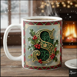 Elegant Gold Holly Christmas Initial Letter S Kaffemugg