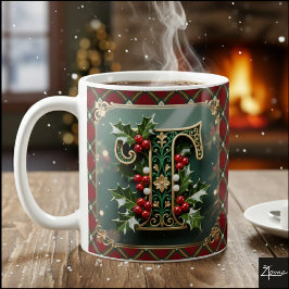 Elegant Gold Holly Christmas Initial Letter T Kaffemugg