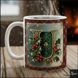 Elegant Gold Holly Christmas Initial Letter U Kaffemugg