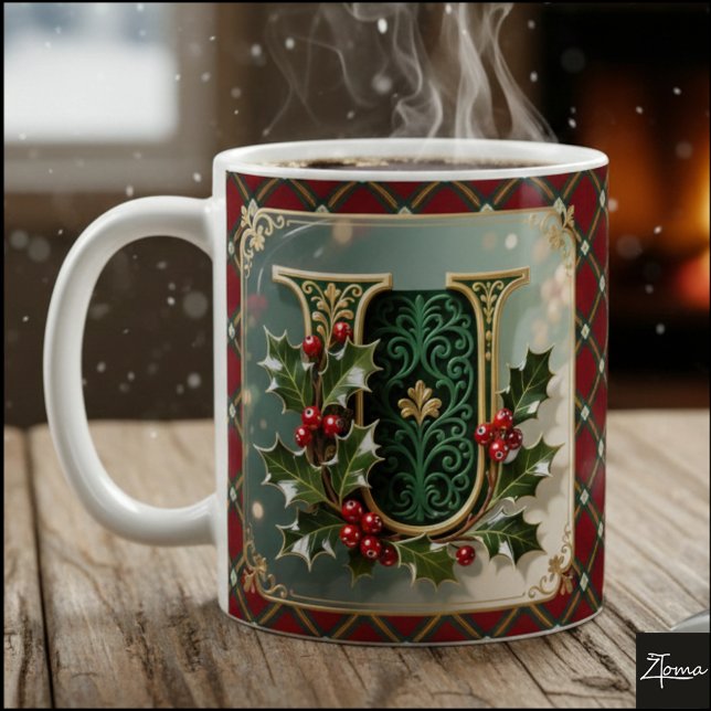 Elegant Gold Holly Christmas Initial Letter U Kaffemugg (Skapare uppladdad)