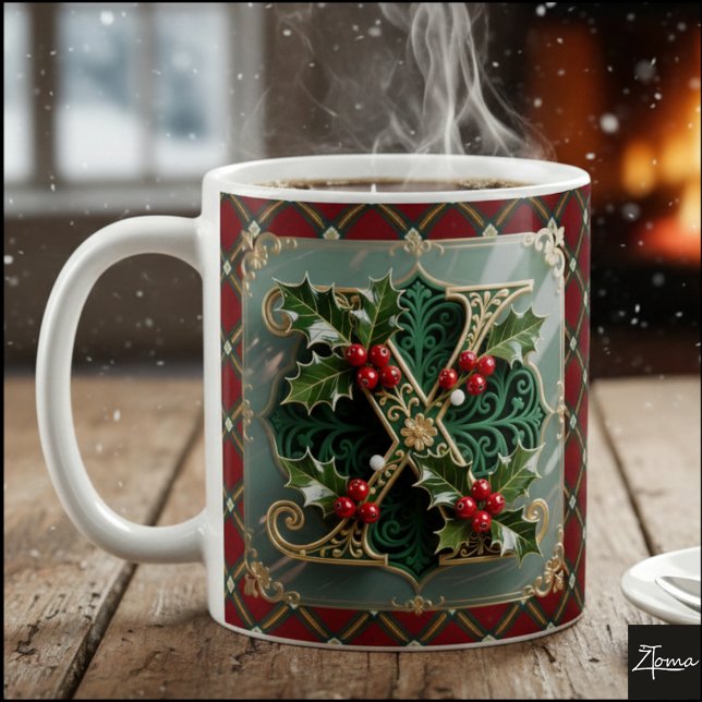 Elegant Gold Holly Christmas Initial Letter X Kaffemugg (Skapare uppladdad)