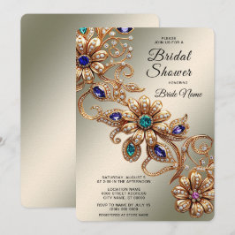 Elegant Gold Jewel Flowers Bridal Shower Inbjudningar