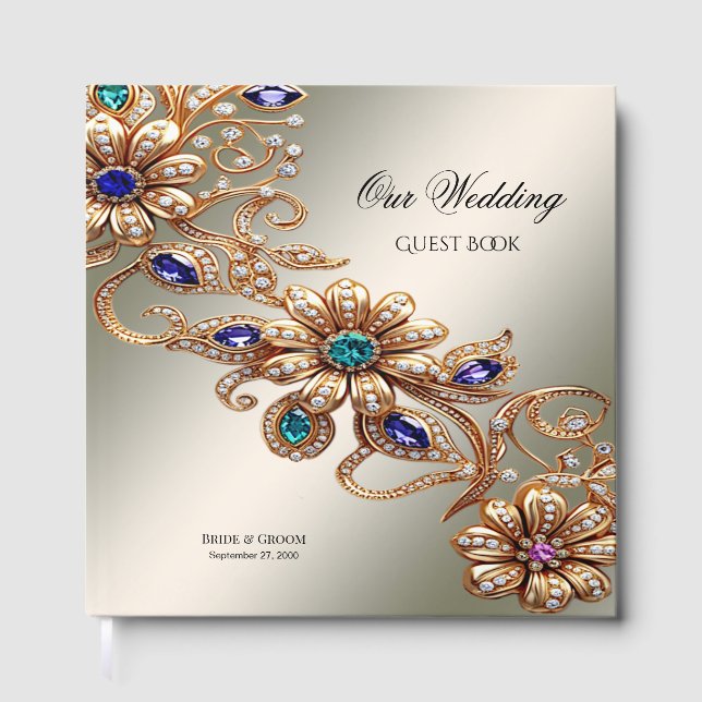 Elegant Gold Jewel Flowers Guest Book Gästböcker (Framsida)