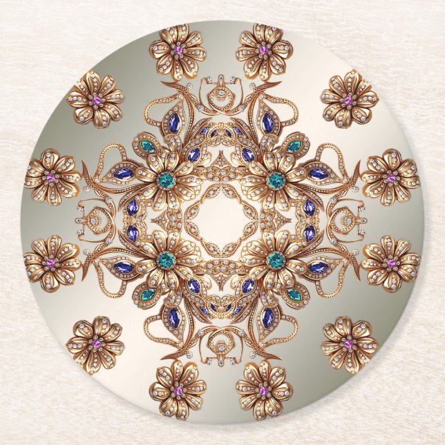 Elegant Gold Jewel Flowers Paper Coaster Underlägg Papper Rund (Framsidan)