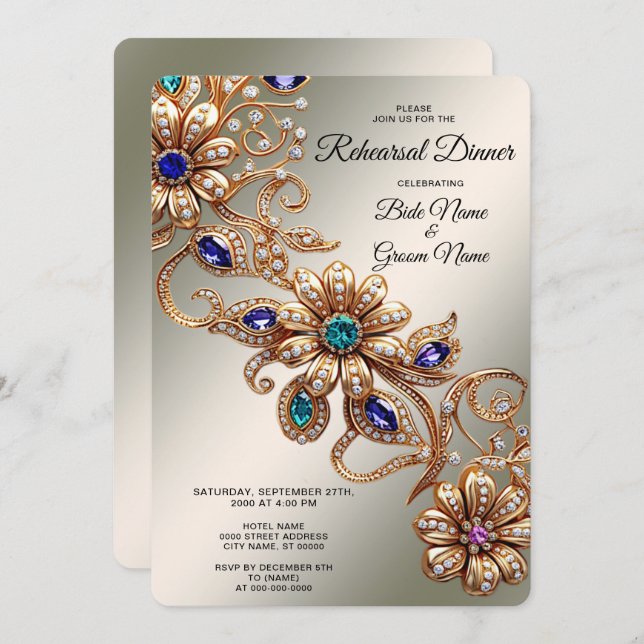 Elegant Gold Jewel Flowers Rehearsal Dinner Inbjudningar (Fram/baksida)