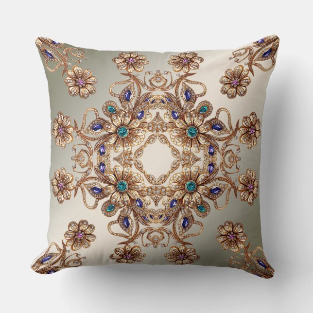 Elegant Gold Jewel Flowers Throw Pillow Kudde (Framsida)