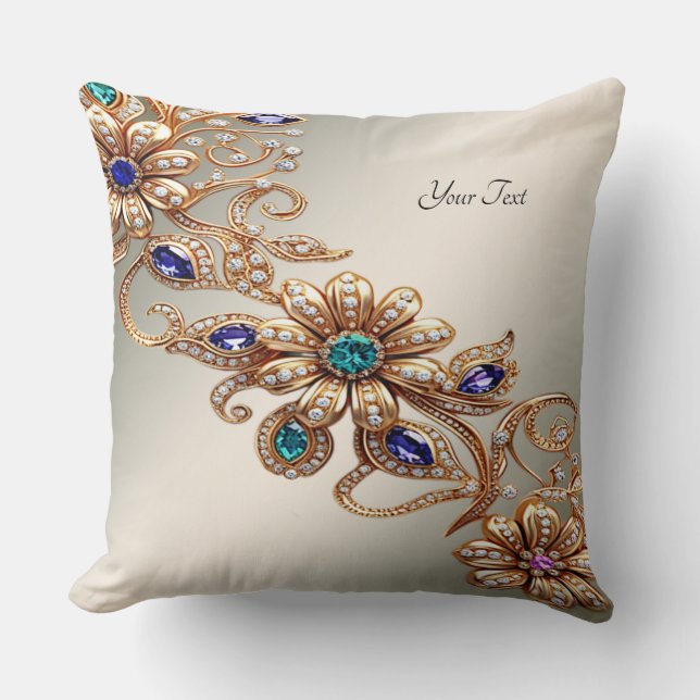 Elegant Gold Jewel Flowers Throw Pillow Kudde (Framsida)