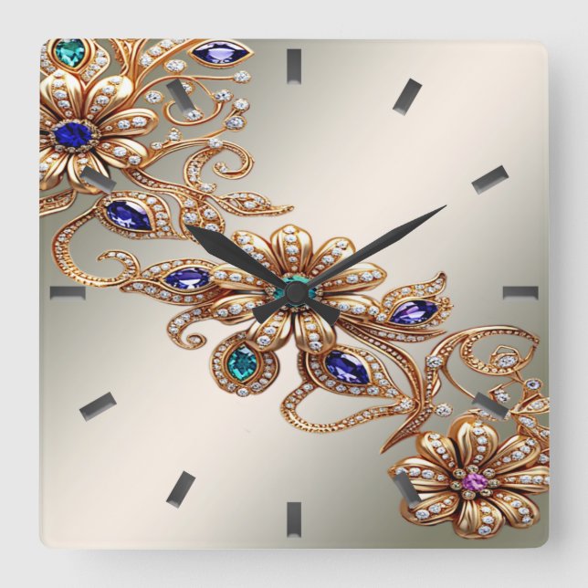 Elegant Gold Jewel Flowers Wall Clock Fyrkantig Klocka (Framsida)