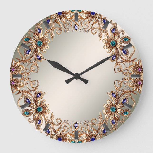Elegant Gold Jewel Flowers Wall Clock Stor Klocka (Framsida)