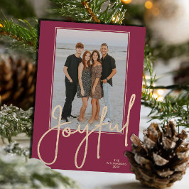 Elegant Gold JOYFUL on Cranberry Photo Christmas Julkort