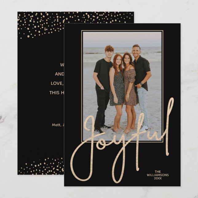 Elegant Gold JOYFUL Script Black Photo Christmas Julkort (Fram/baksida)