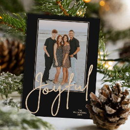 Elegant Gold JOYFUL Script Black Photo Christmas Julkort