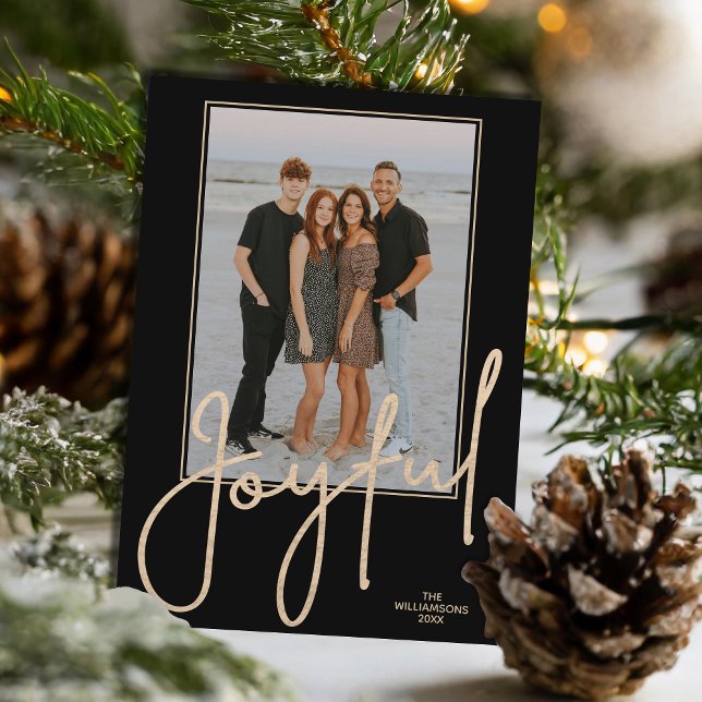 Elegant Gold JOYFUL Script Black Photo Christmas Julkort (Elegant Gold JOYFUL Script on black photo Christmas holiday cards, PRINTED and/or INSTANT DOWNLOAD)