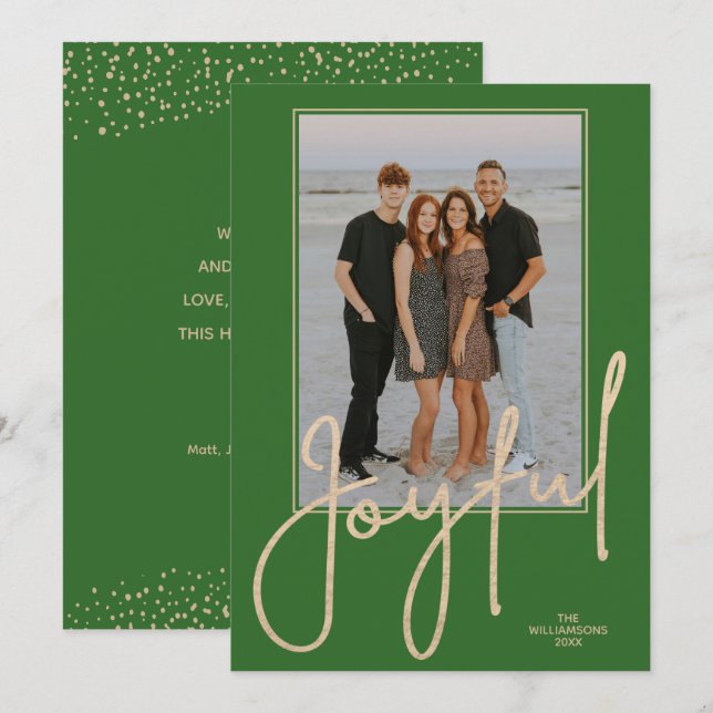 Elegant Gold JOYFUL Script Green Photo Christmas Julkort (Fram/baksida)