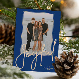Elegant Gold JOYFUL Script on Blue Photo Christmas Julkort