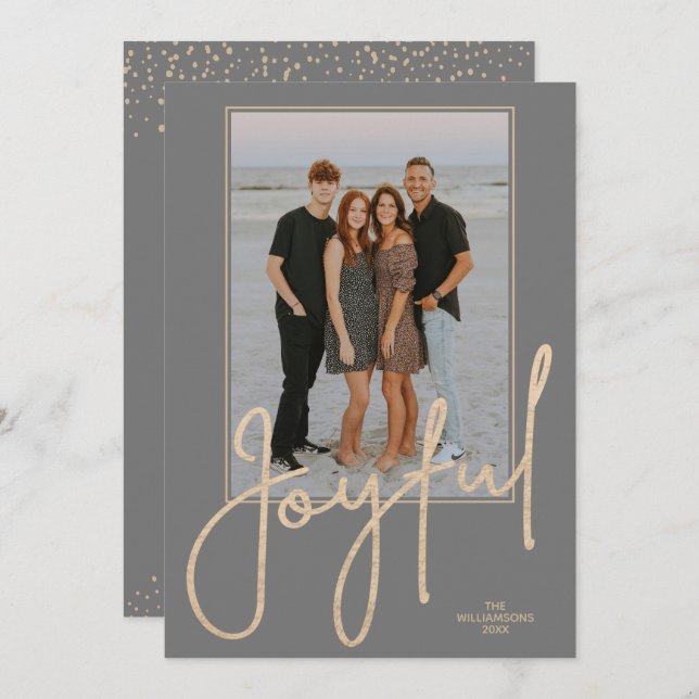 Elegant Gold JOYFUL Script on Grey Photo Christmas Julkort (Fram/baksida)