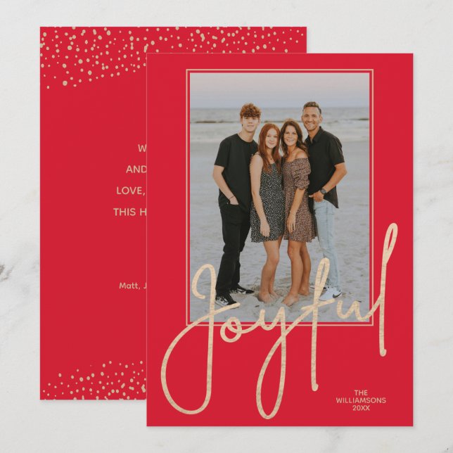 Elegant Gold JOYFUL Script on Red Photo Christmas Julkort (Fram/baksida)