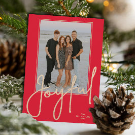 Elegant Gold JOYFUL Script on Red Photo Christmas Julkort