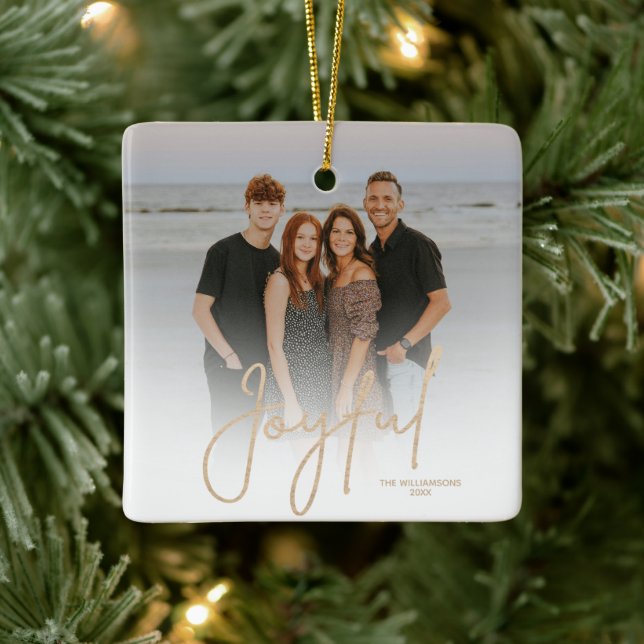 Elegant Gold JOYFUL Script Photo Christmas Julgransprydnad Keramik (Träd)