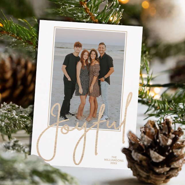 Elegant Gold JOYFUL Script Photo Christmas Julkort (Elegant Gold JOYFUL Script on white photo Christmas holiday cards, PRINTED and/or INSTANT DOWNLOAD)