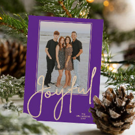 Elegant Gold JOYFUL Script Purple Photo Christmas Julkort