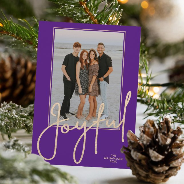 Elegant Gold JOYFUL Script Purple Photo Christmas Julkort (Elegant Gold JOYFUL Script on purple photo Christmas holiday cards, PRINTED and/or INSTANT DOWNLOAD)