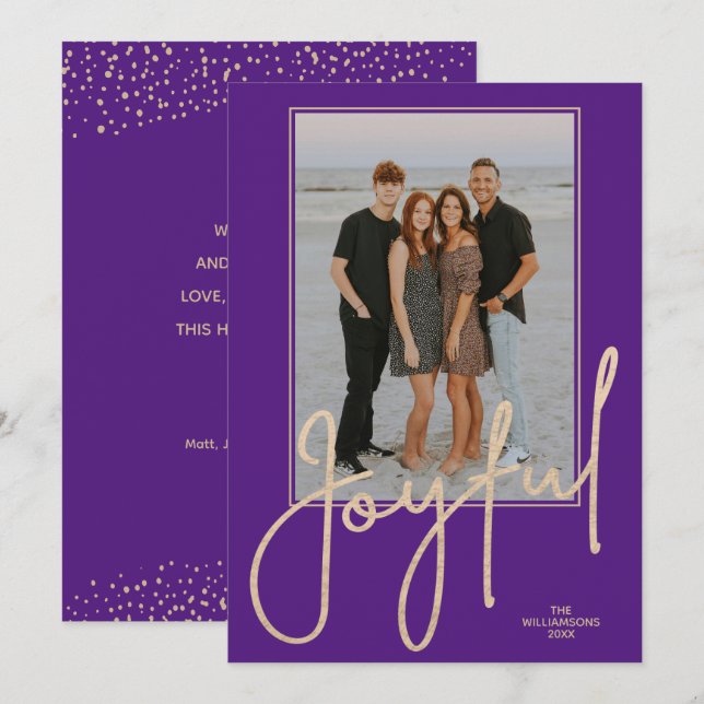Elegant Gold JOYFUL Script Purple Photo Christmas Julkort (Fram/baksida)