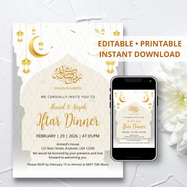 Elegant Gold Lantern and Crescent Moon Iftar Inbjudningar (Skapare uppladdad)
