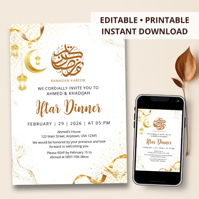 Elegant Gold Lantern & Ribbon Ramadan Iftar Dinner Inbjudningar (Skapare uppladdad)