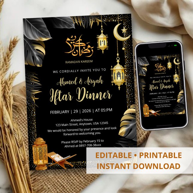 Elegant Gold Lanterns and Monstera Ramadan Iftar Inbjudningar (Skapare uppladdad)