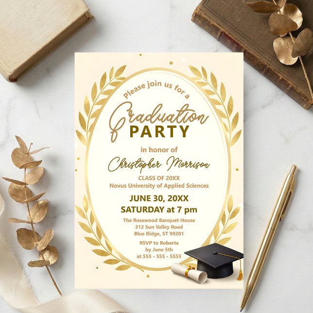 Elegant Gold Laurel Wreath & Cap Graduation Party Inbjudningar (Skapare uppladdad)