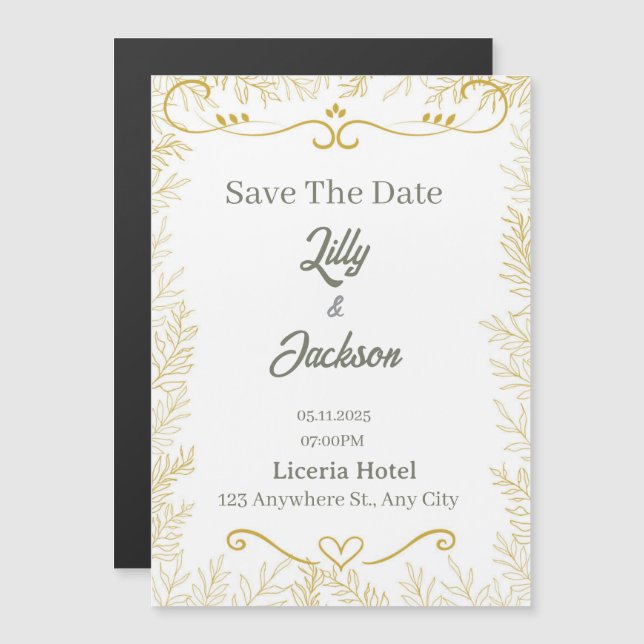 Elegant Gold Leaf Save the Date Card | Modern Wedd Magnetisk Inbjudningskort (Fram/baksida)