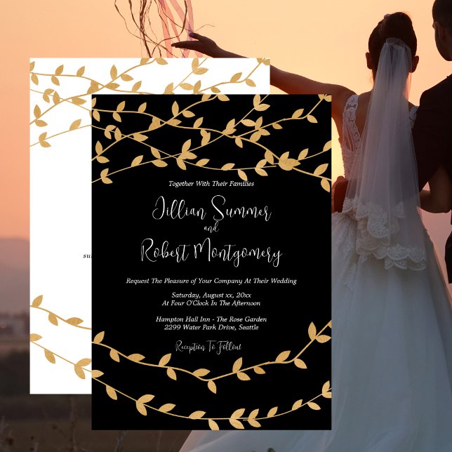 Elegant Gold Leaves Black and White Wedding Inbjudningar (Elegant Gold Leaves Black and White Wedding Invitation with RSVP)