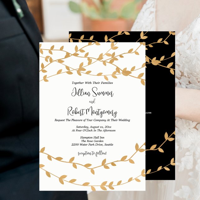 Elegant Gold Leaves Black White Wedding Inbjudningar (Elegant Gold Leaves Black White Wedding Invitation with RSVP)
