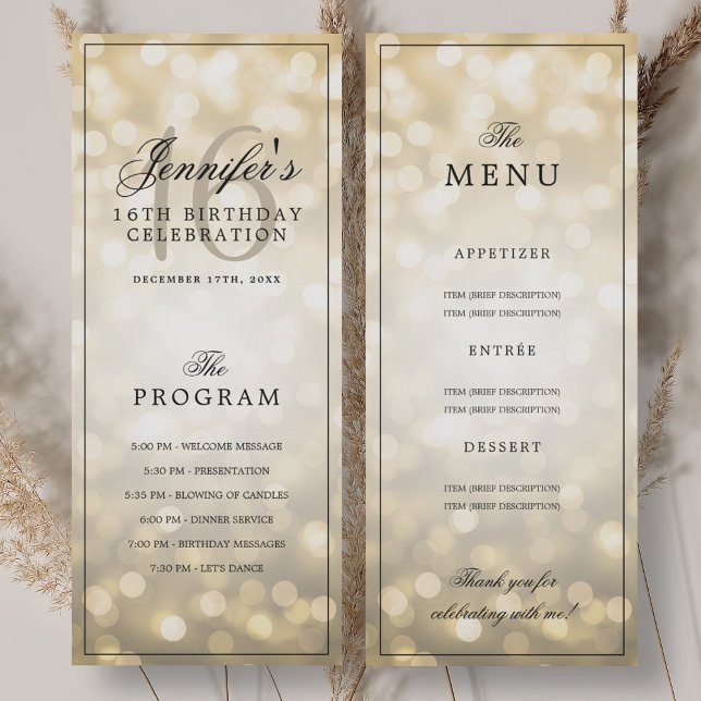 Elegant Gold Lights 16th Birthday Program Menu  (Elegant Gold Lights 16th Birthday Program Menu )