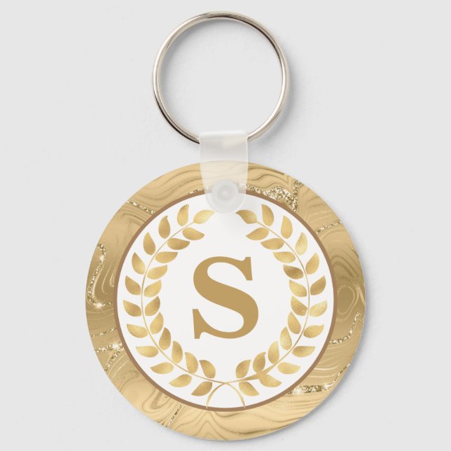 Elegant Gold Marble & Laurel Wreath Personalized Nyckelring (Framsida)