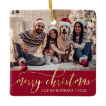 Elegant Gold Merry Christmas Script Photo Red 