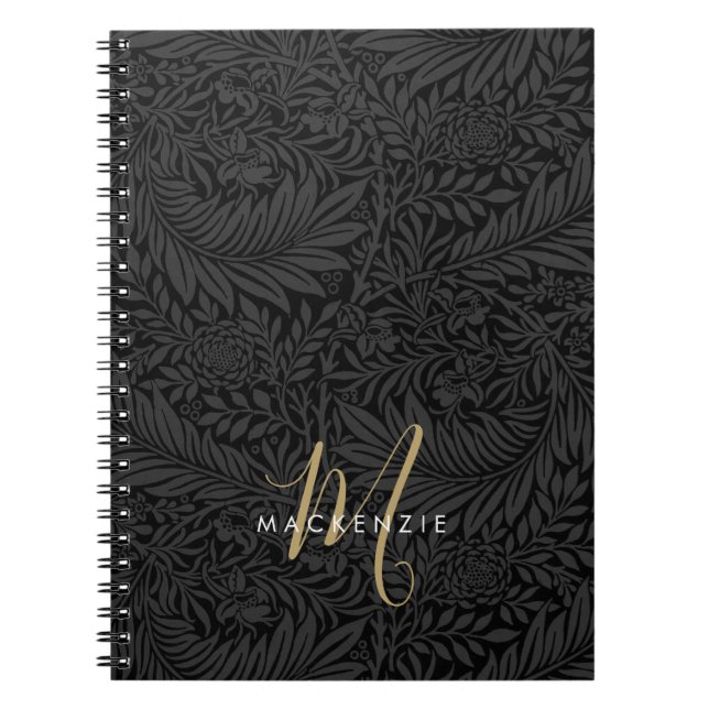 Elegant Gold Monogram Black Floral Pattern Anteckningsbok (Framsidan)