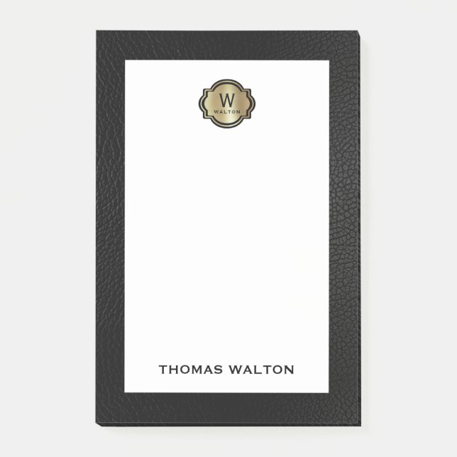 Elegant Gold Monogram Black Leather Look Post-it Block (Framsida)