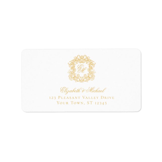 Elegant Gold Monogram Crest Wedding Address Adressetikett (Framsidan)