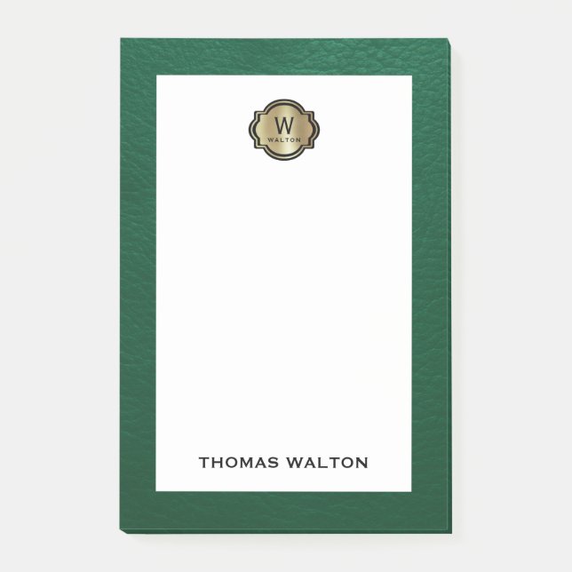 Elegant Gold Monogram Emerald Green Leather Look Post-it Block (Framsida)