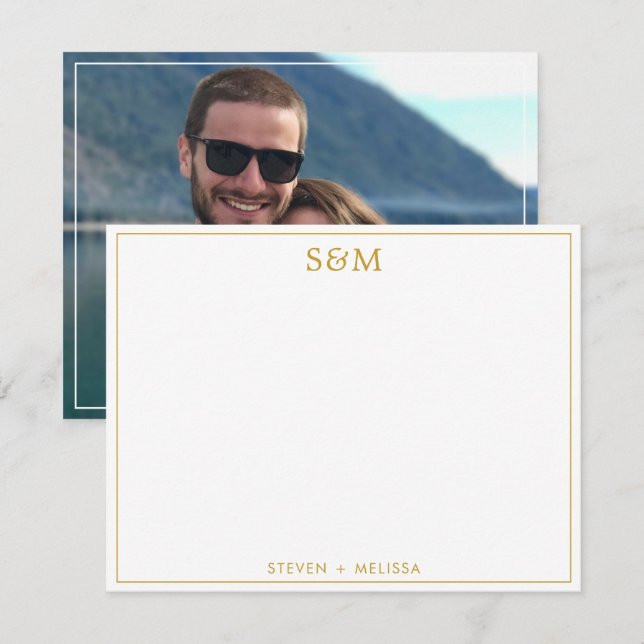 Elegant Gold Monogram Initials Couple Name Photo  Anteckningskort (Fram/baksida)