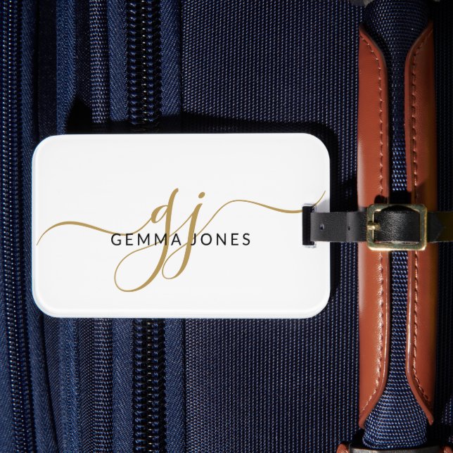 Elegant Gold Monogram White Luggage Tag Bagagebricka (Framsida Insitu 4)