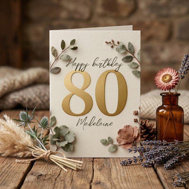 Elegant Gold Number Botanical Floral 80th Birthday Kort (Skapare uppladdad)