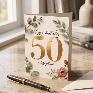 Elegant Gold Numbers Botanical 50th Birthday Card Kort